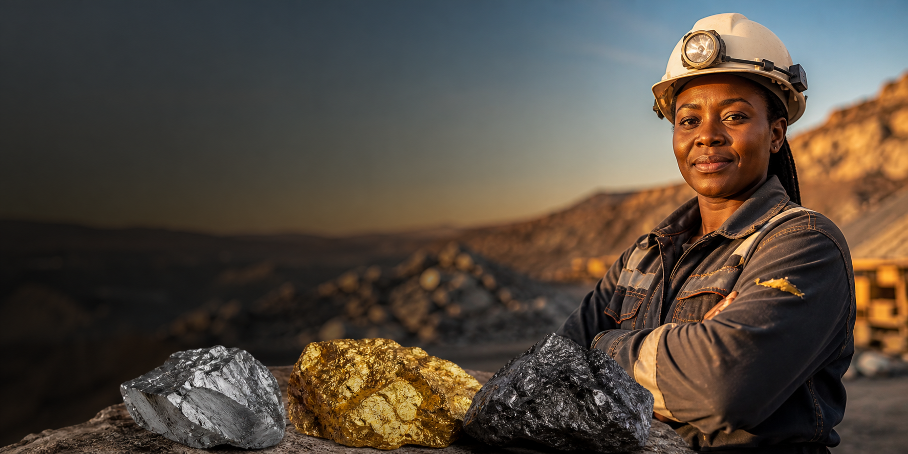 Black South African female miner with chrome, gold and coal ore samples